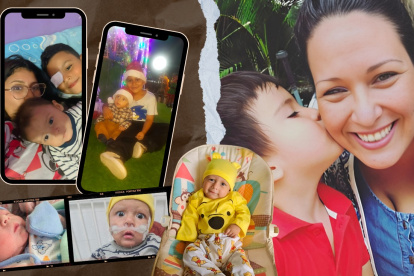 A la izquierda, Tamir, hijo de Tamara, quien ha enfrentado múltiples enfermedades graves; a la derecha, Adriana y su hijo Santiago, hija y nieto de Patricia, marcados por el dolor de la violencia femicida.