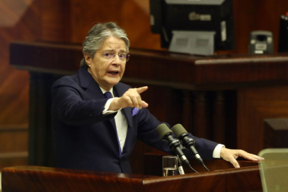 Guillermo Lasso durante su discurso de defensa ante el juicio político que llevó en su contra la Asamblea Nacional, en mayo de 2023.