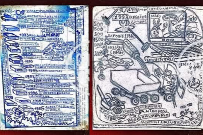 Garabatos del hombre sin memoria: muestran tecnología, mapas y palabras que nadie ha logrado descifrar.