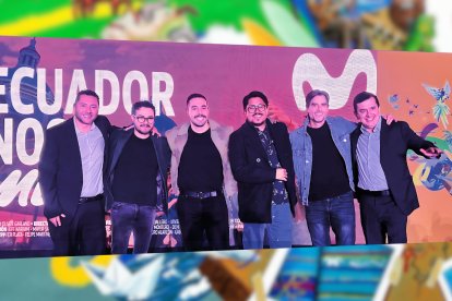 De izquierda a derecha: Diego Coronel, Gabriel Freire, José Andrés Caballero, Xavier Calderón, Jeff Karram y Santiago Córdova, en la presentación del documental “Ecuador nos mueve” en Cuenca.