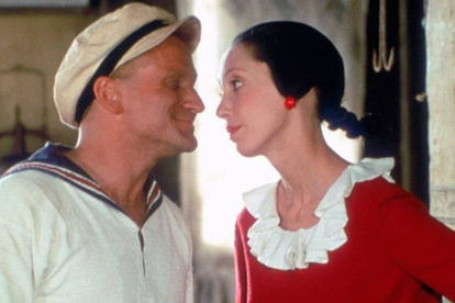 Robin Williams y Shelley Duvall en el set de rodaje de Popeye 1980