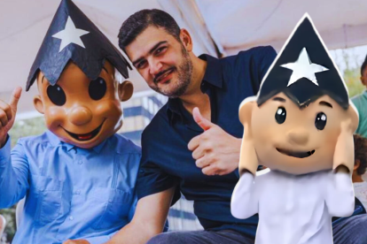 Las dos figuras de Juan Pueblo. A la izquierda, en octubre del 2024, junto al alcalde Aquiles Álvarez. A la derecha, la versión del 2025 publicada por el Municipio de Guayaquil.