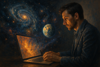 Un hombre crea un universo desde su computadora, en una escena que simboliza cómo la inteligencia artificial transforma palabras en mundos visuales.