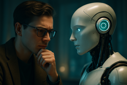 La escena representa el desafío contemporáneo: entender y controlar la tecnología.