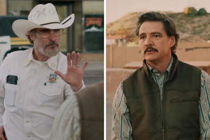 Joaquin Phoenix como el sheriff Joe Cross y Pedro Pascal como el alcalde Ted García en la nueva cinta de A24 "Eddington"