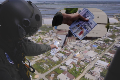 Desde el helicóptero militar se distribuyeron las volantes con diseño de billetes de 100 dólares, para promocionar el Plan de Recompensas 131.