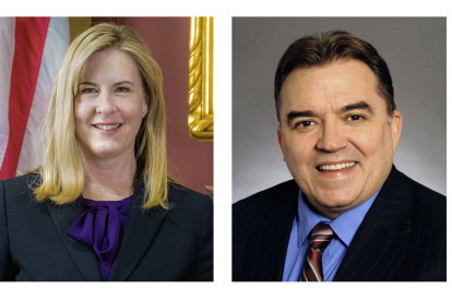 La legisladora demócrata Melissa Hortman (izquierda) fue asesinada a tiros en Minnesota. El senador demócrata John Hoffman (derecha) resultó herido en otro ataque.