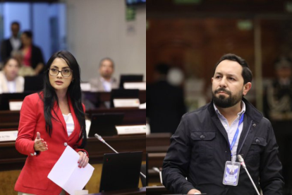 Viviana Veloz y Adrián Castro, asambleístas de la RC y ADN, en el primer debate de Ley de Integridad Pública.