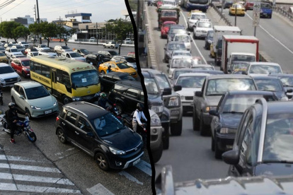 Para la congestión vehicular en la avenida Juan Tanca Marengo (izquierda), el Municipio de Guayaquil propone dos pasos a desnivel. Este tipo de obras suelen saturarse de vehículos, como en la avenida Carlos Julio Arosemena (derecha).