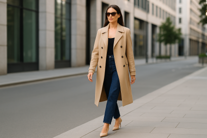 Ejemplo de sandwich dressing: abrigo y estiletos del mismo color (‘panes’), pantalón contrastante (‘relleno’) y camiseta que realza la armonía del look.
