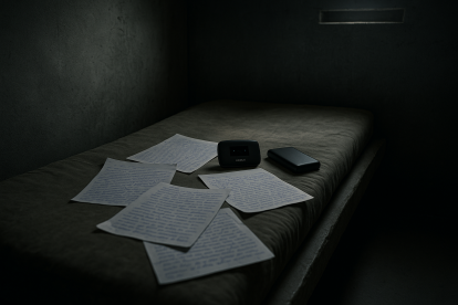 Imagen generada por inteligencia artificial. Así habría lucido la celda donde fue hallado un router, una batería externa y cartas manuscritas atribuidas a Verónica Briones, pareja de alias Fito, en el marco del caso Blanqueo Fito.