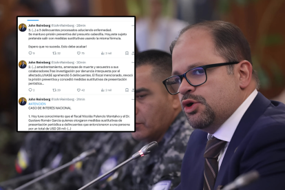 El ministro del Interior, John Reimberg, publicó en su cuenta de X los nombres de un fiscal y un juez a quienes responsabiliza de otorgar beneficios a procesados por extorsión, pese a la gravedad del caso.