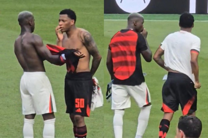 Moisés Caicedo (i) y Gonzalo Plata, permanecieron en el campo de juego unos minutos más luego de finalizar el cotejo Chelsea vs Flamengo.