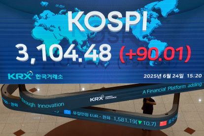 Una pantalla de datos financieros de la Bolsa de Corea en Seúl, Corea del Sur, el 24 de junio de 2025, muestra que el Índice Compuesto de Precio de las Acciones de Corea (KPI).
