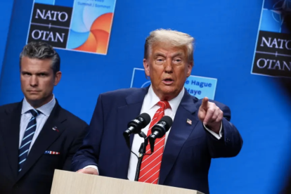 Donald Trump, en rueda de prensa tras la cumbre de la OTAN, donde arremetió contra España por no aumentar su presupuesto en Defensa.