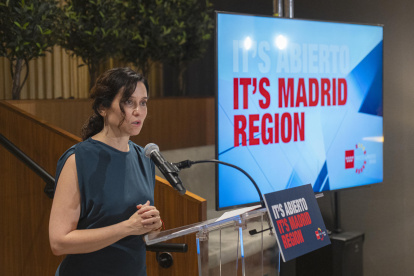 La presidenta de la Comunidad de Madrid, Isabel Díaz Ayuso, habla durante una presentación de una campaña,  en Nueva York (EE.UU.).