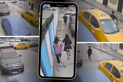 Momento registrado por cámaras de seguridad en el que un hombre se aproxima a dos estudiantes en Guayaquil.