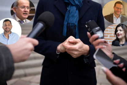 Foto representativa de presidentes de organizaciones políticas de Ecuador: Alfredo Serrano, Giovanni Atarihuana, Mauricio Rodas y Analía Ledesma.