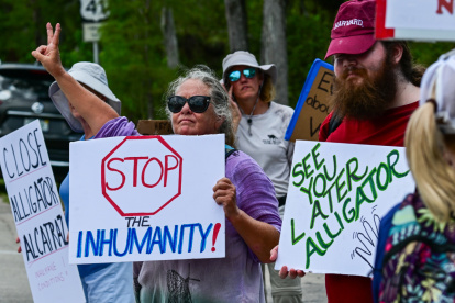 Personas sostienen carteles durante una manifestación este sábado 12 de julio, frente el centro de detención de migrantes "Alligator Alcatraz" en Ochopee, Estados Unidos.
