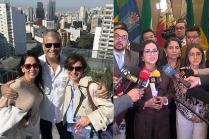 Luisa González y Rafael Correa, en Brasil, en una foto compartida por el expresidente, el 26 de junio. Y en la rueda de prensa del bloque de la RC, sobre expulsión de Santiago Díaz.