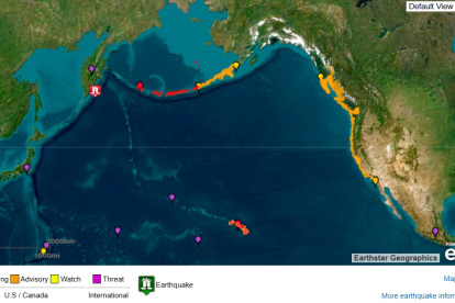 Imagen cedida por el Servicio Meteorológico Nacional (NOAA) de los Estados Unidos y su Sistema de Alerta de Tsunamis que muestra el punto origen del terremoto.