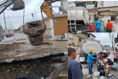 Interagua interrumpe servicio por fuga en red de agua en norte de Guayaquil.