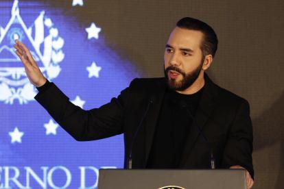 El presidente de El Salvador, Nayib Bukele, hablando en Antiguo Cuscatlán (El Salvador).