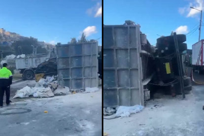 Una persona resultó herida, luego de que una volqueta se viró en la av. Simón Bolívar y Pérez Bustamante, suroriente de Quito.