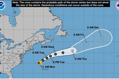 Imagen cedida por la Oficina Nacional de Administración Oceánica y Atmosférica (NOAA) a través del Centro Nacional de Huracanes (NHC) estadounidense del mapa del pronóstico de cinco días del paso de la tormenta tropical Dexter en el Atlántico.