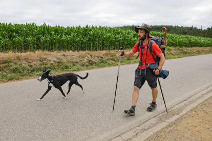 Adrián y su perrita Laika llegan a Santiago tras veinte días caminando.