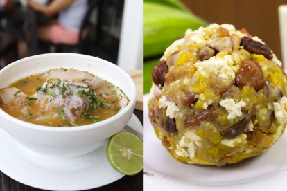 El encebollado (izquierda) y el bolón (derecha) son los platos ecuatorianos que compiten dentro de los cuartos de final en el Mundial de Desayunos.
