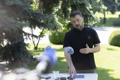 El presidente Volodímir Zelenski, pronuncia una conferencia de prensa en Kiev, Ucrania, el 29 de agosto de 2025, en medio de la invasión rusa en curso. (Rusia, Ucrania, Kiev)