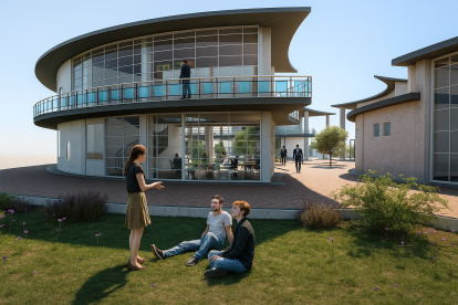 Render de un proyecto universitario para un centro cultural comunitario.