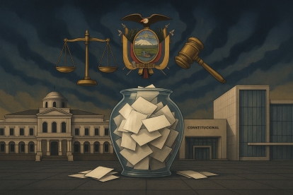 Ilustración editorial que representa el choque institucional entre el Palacio de Carondelet y la Corte Constitucional.