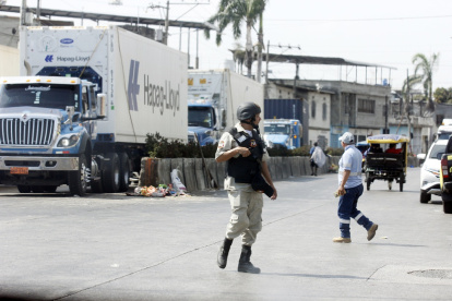 Guardias de seguridad de las terminales de la isla Trinitaria custodian las cargas que llegan.