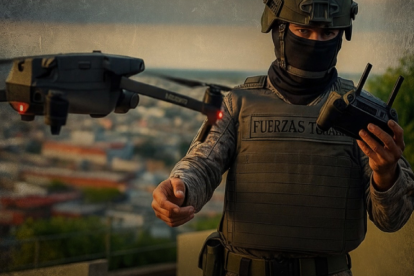 Un oficial de las Fuerzas Armadas opera uno de los drones del escuadrón Rayo Justiciero.