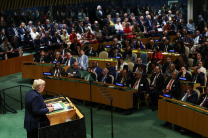 El presidente Donald Trump, pronuncia un discurso ante la Asamblea General de las Naciones Unidas en la sede de la ONU en la ciudad de Nueva York el 23 de septiembre de 2025.