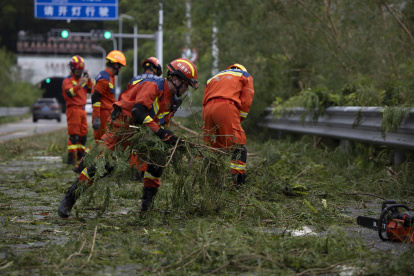 Bomberos limpian una carretera de ramas de árboles después del paso del tifón Ragasa en la isla Hailing,provincia de Guandong, China, el 25 de septiembre de 2025.