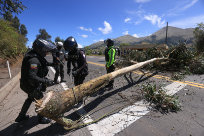 Miembros de la Policía Nacional retiran un árbol que los manifestantes cortaron para obstaculizar una vía a Otavalo.
