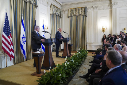 El presidente Donald Trump habla durante una conferencia de prensa conjunta con el primer ministro israelí, Benjamin Netanyahu, en la Casa Blanca en Washington, DC, EE. UU., el 29 de septiembre de 2025.
