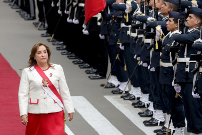 Peru"s President Dina Boluarte arrives to deliver her address to the nation on Independence Day at the National Congress in Lima on July 28, 2025. (Photo by CONNIE FRANCE / AFP)