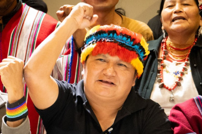 Marlon Vargas, presidente de Conaie, durante un evento público en defensa de la Amazonía y los salarios