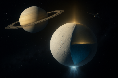Ilustración de Encélado, luna helada de Saturno, mostrando su océano subterráneo y los géiseres que emergen desde su polo sur, observada por una nave espacial en la distancia.