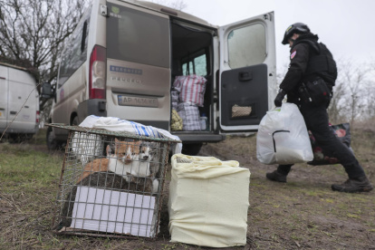 Un agente de policía ayuda a los residentes a evacuar la región de Zaporizhzhia, Ucrania, el 11 de noviembre de 2025, en medio de la invasión rusa en curso.