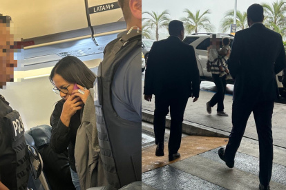 Izquierda: La ministra Zaida Rovira viajó acompañada de tres policías que la protegían de cerca. Derecha: El ministro Roberto Luque a su salida del aeropuerto de Quito.