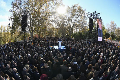 El líder del PP, Alberto Núñez Feijóo, ofrece un discurso durante la concentración contra el Gobierno de Pedro Sánchez en Madrid, este domingo 30 de noviembre.