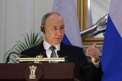 El presidente ruso, Vladimir Putin, habla en una declaración de prensa conjunta con el primer ministro indio,en Nueva Delhi, India, el 5 de diciembre de 2025.