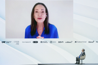 La líder opositora venezolana y Premio Nobel de la Paz María Corina Machado en una reciente intervención por vídeoconferencia.