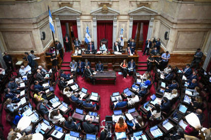Fotografía cedida por el Senado de Argentina que muestra a parlamentarios asistiendo a una sesión este jueves, en Buenos Aires (Argentina).
