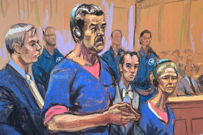 Fotografía de un dibujo realizado por la artista Jane Rosenberg donde aparece el presidente de Venezuela, Nicolás Maduro (c), junto a su esposa,, Cilia Flores (d).